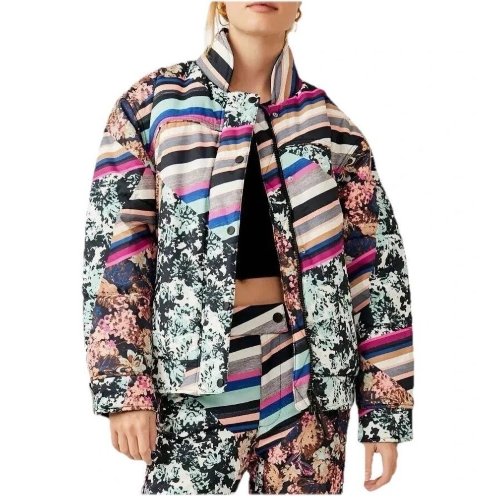 Free People® (Women's LARGE) Bunny Slope™ Printed Puffer Jacket in Black Diamond